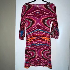 Uncle Frank Pink Orange Black Purple Psychedelic Print Long Sleeve Midi Dress XS